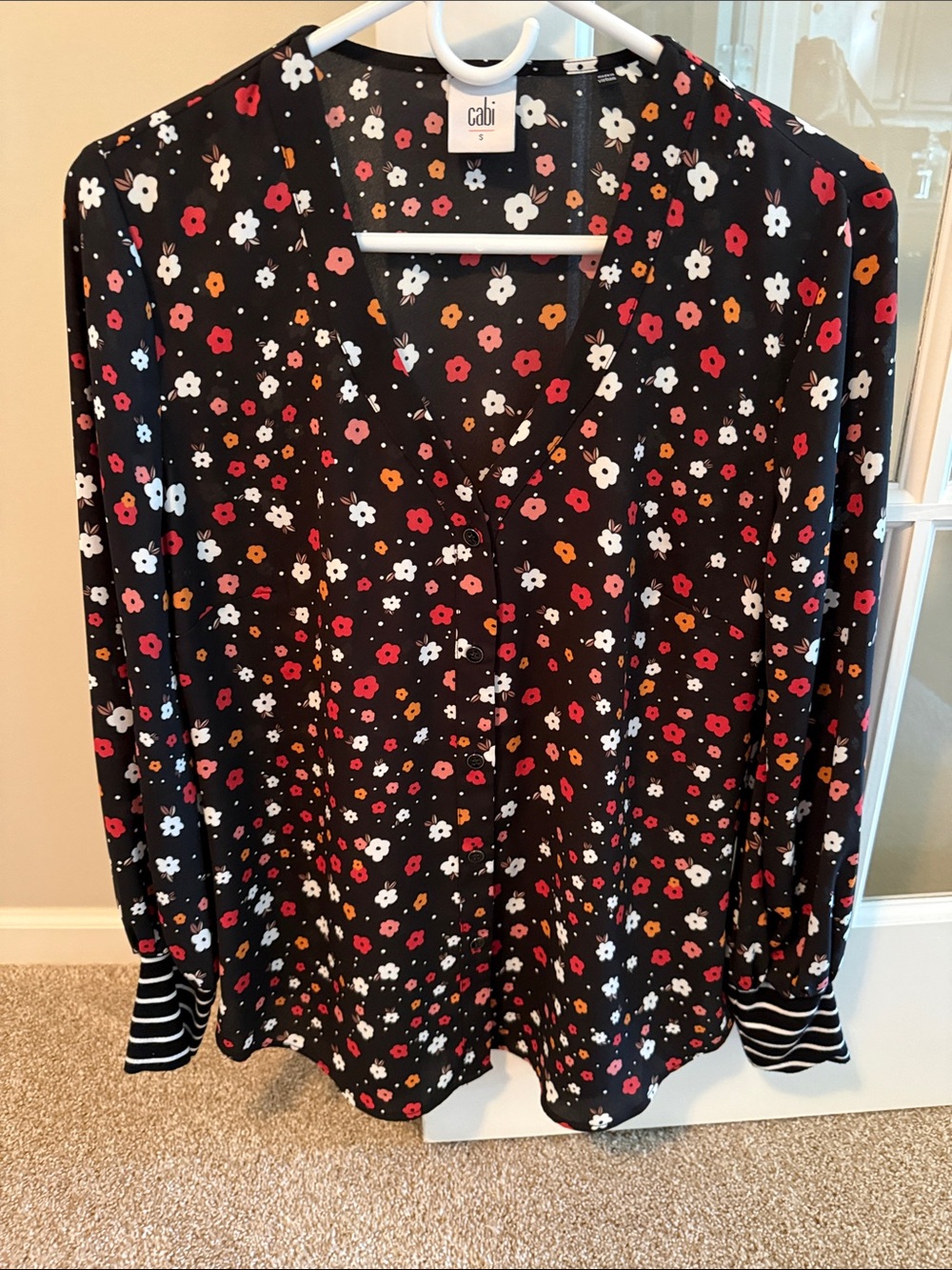 CAbi Black V-Neck Floral Blouse with Red, White & Orange Flowers